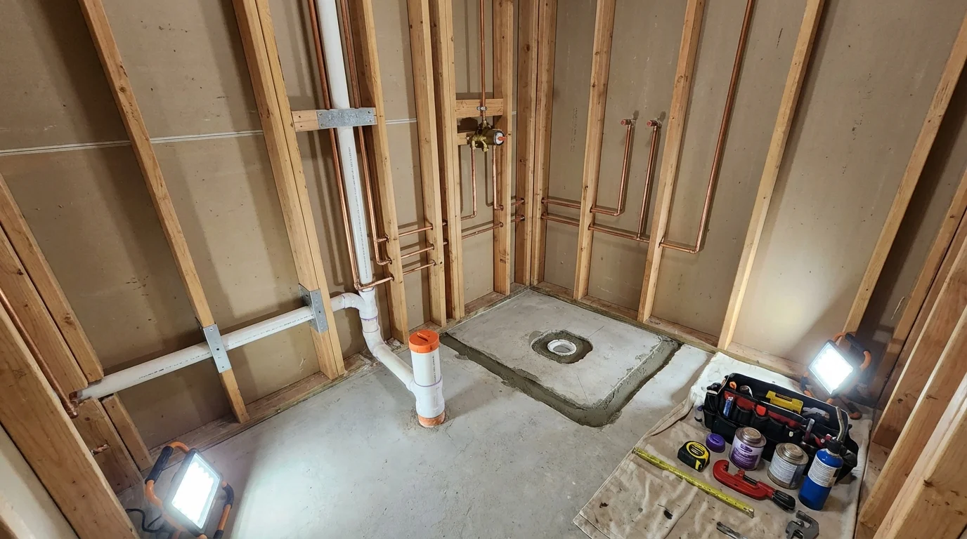 Bathroom rough-in plumbing during remodel by Johns Plumbing LLC in Donna
