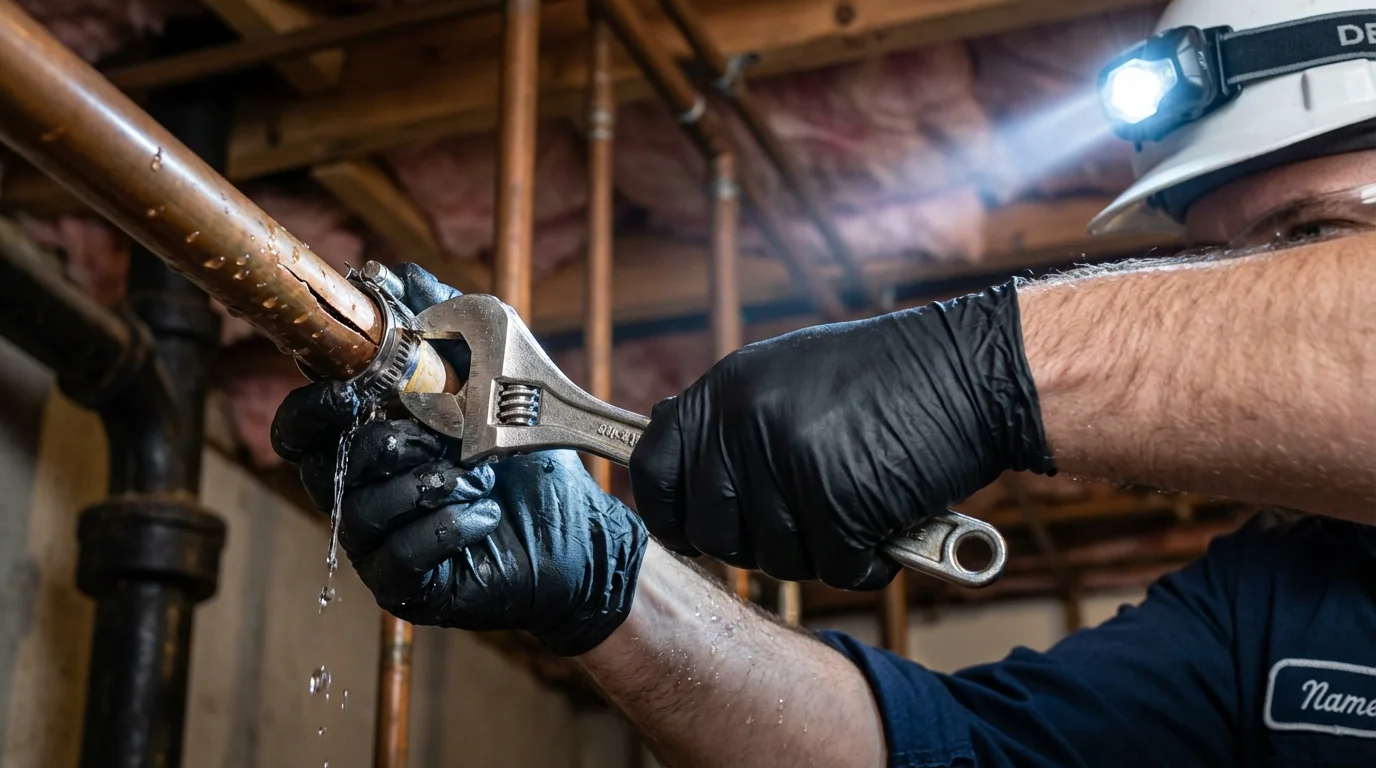 Emergency pipe clamp repair being performed by a Johns Plumbing LLC plumber in Donna