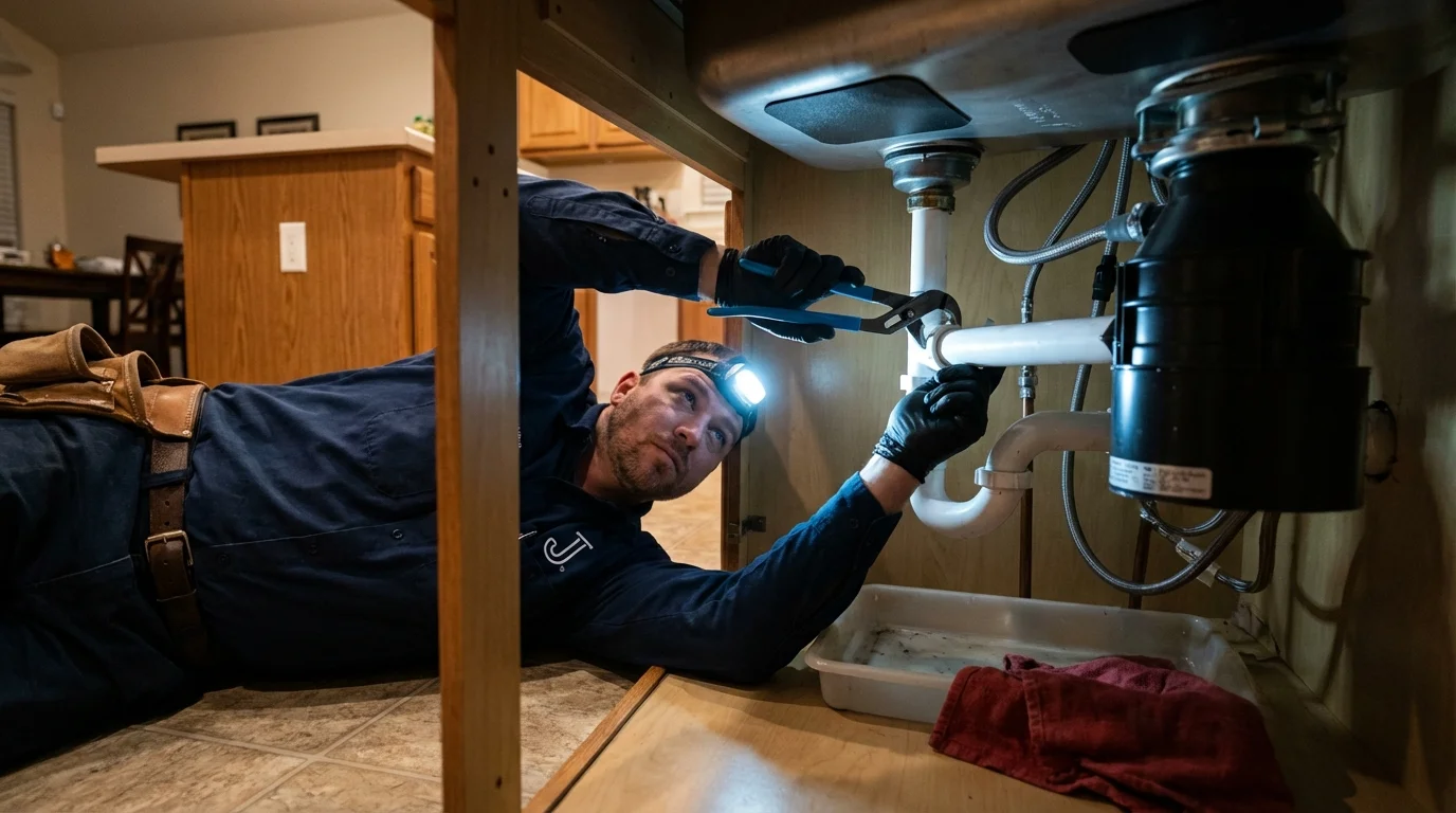 P-trap and supply line connections under a kitchen sink showing a common leak point in Donna, TX